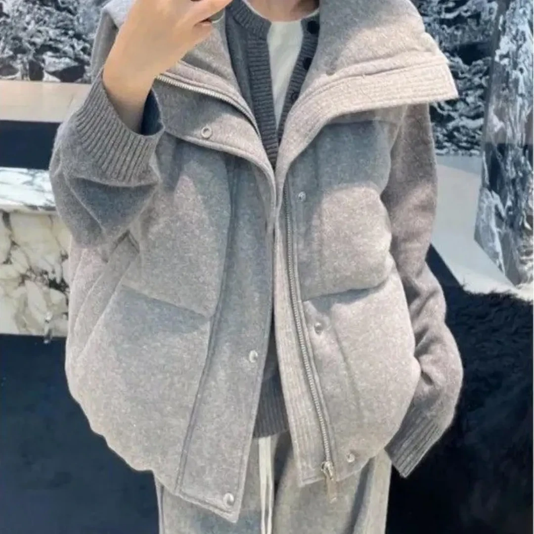 韩系松弛感灰色针织毛衣棉服马甲阔腿裤休闲保暖套装女冬