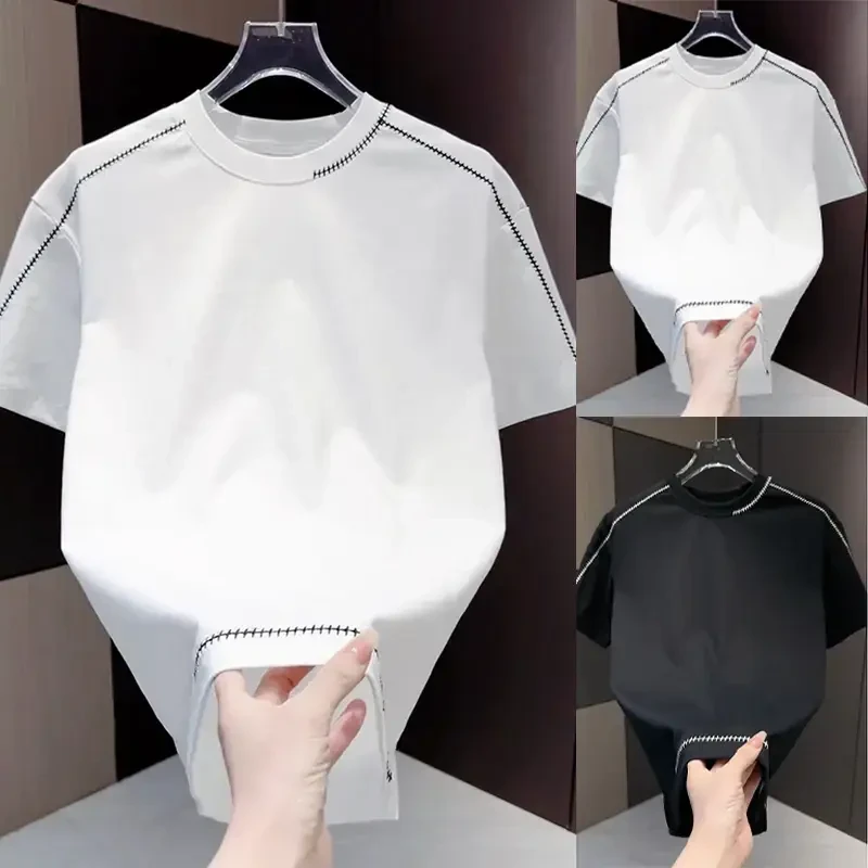 男士新款明线装饰简约短袖T恤潮流时尚百搭圆领拼接体恤百搭上衣