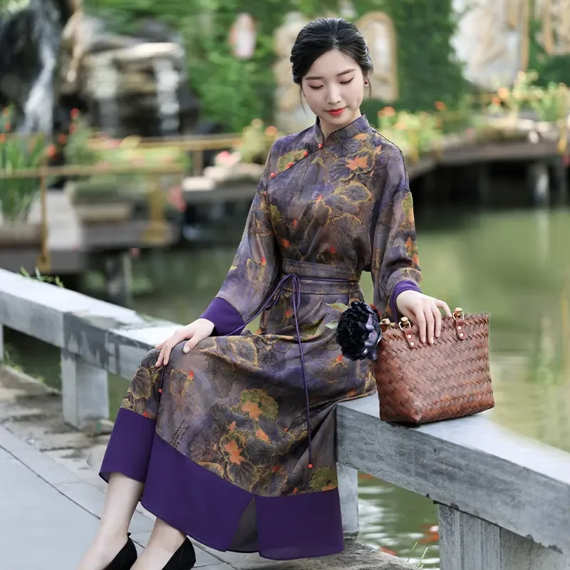 （崔万志旗袍）100分花罗红云纱 桑蚕丝真丝旗袍连衣裙配腰封WZ5369