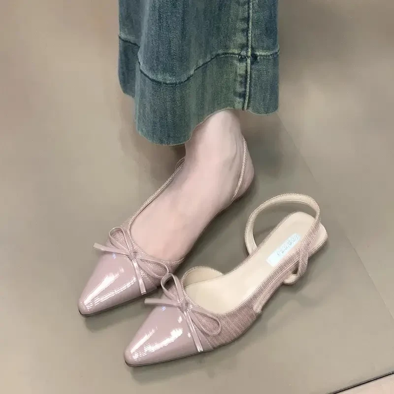 法式仙女风蝴蝶结包头时装凉鞋粗跟时尚百搭夏季尖头浅口女平底