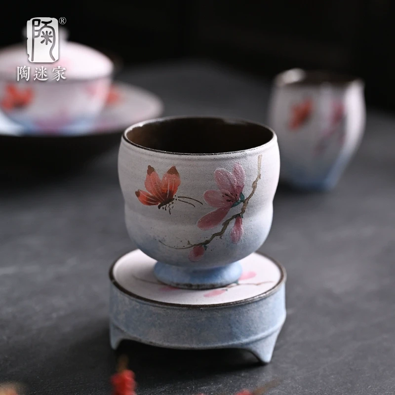 陶迷粗陶粉引茶杯女士专用主人杯手绘玉兰高颜品茗杯高档功夫茶具