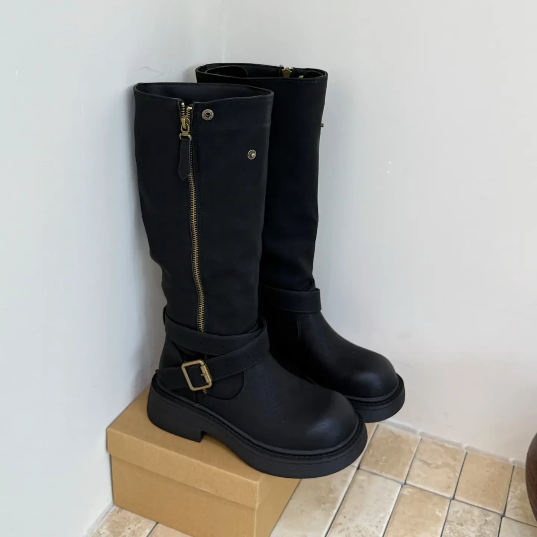 街头风英伦时尚常规款骑士二棉绒透气女靴时尚休闲鞋中跟长筒