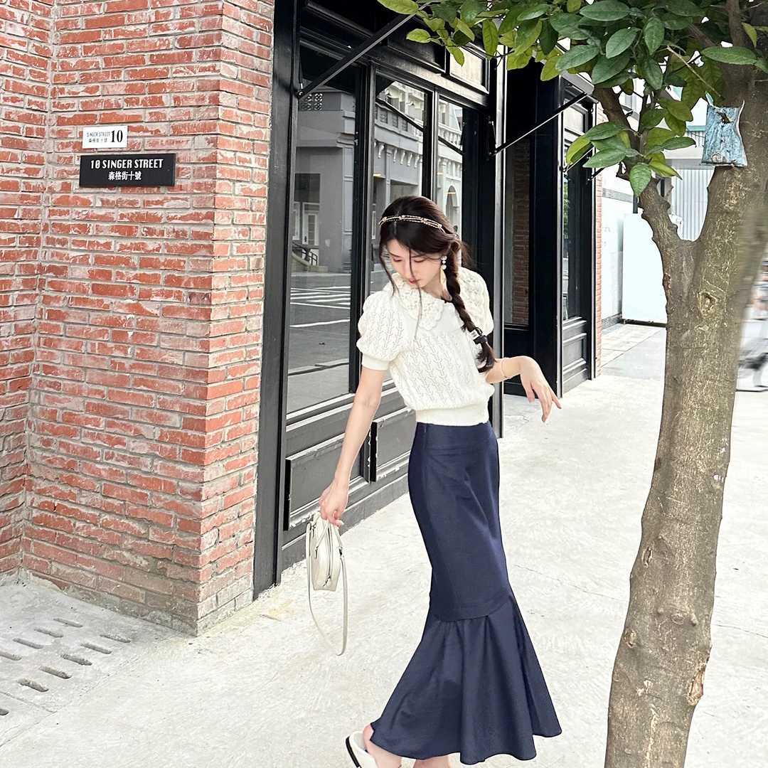 4折Howalook 日系少女飘飘鱼尾镂空娃娃领针织交叉拼接半身