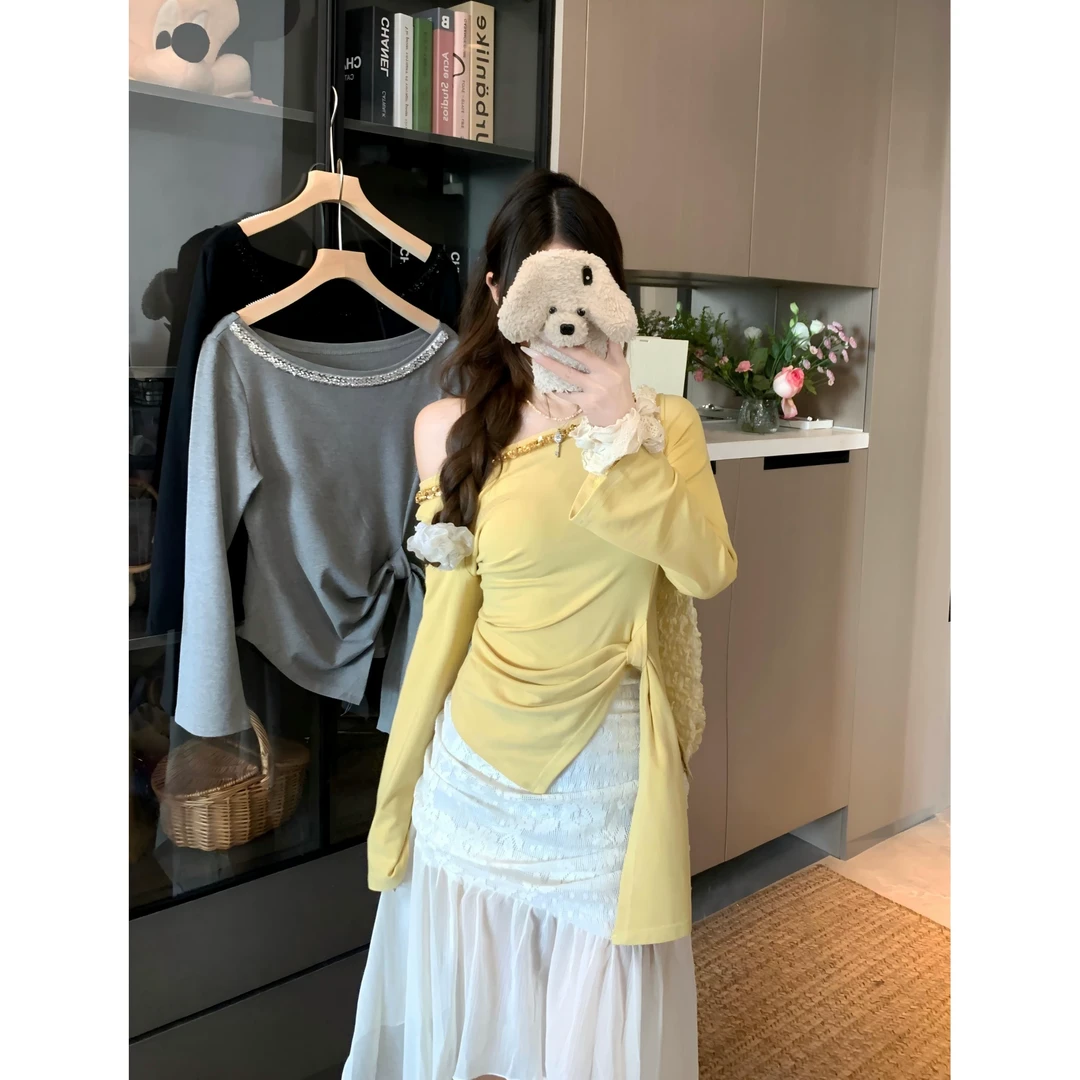 【8566】2025春季新款纯欲不规则长袖T恤女修身显瘦打底独特上衣