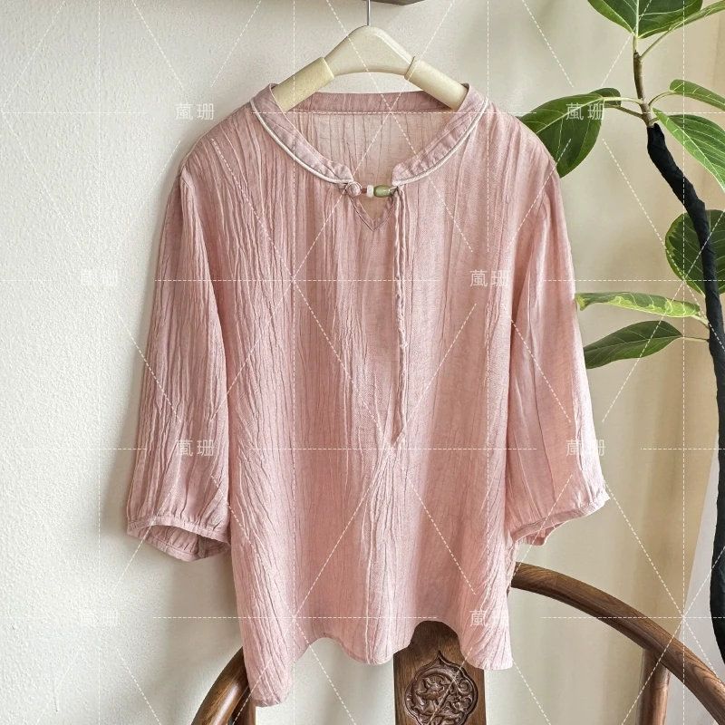 【丁香】夏季扎染压皱苎麻薄款禅意盘扣短袖上衣52270