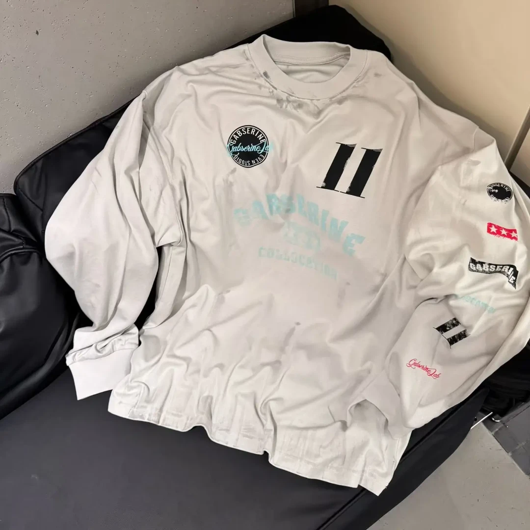 新款长袖T恤1980男女同款中性风机车美式复古水洗擦色上衣