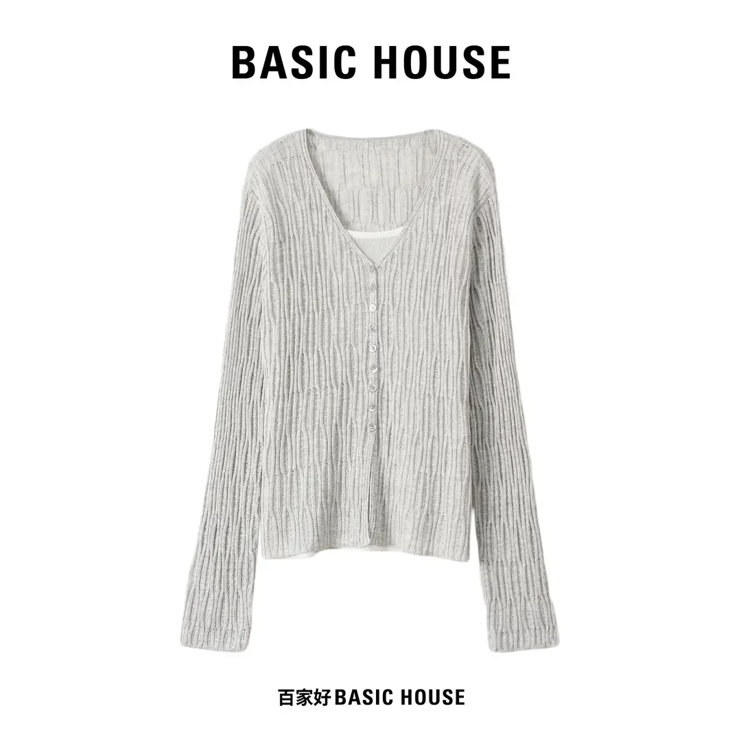 Basic House/百家好2025秋女长袖毛针织衫假两件镂空针织时尚显瘦