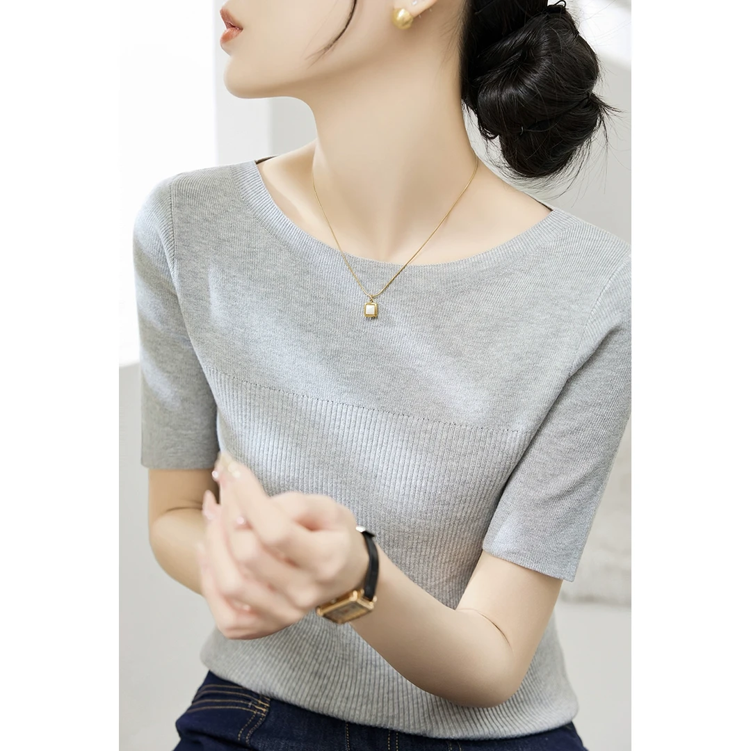 浅灰色修身显瘦气质一字领短袖针织衫2025年夏季新款女装T恤上衣