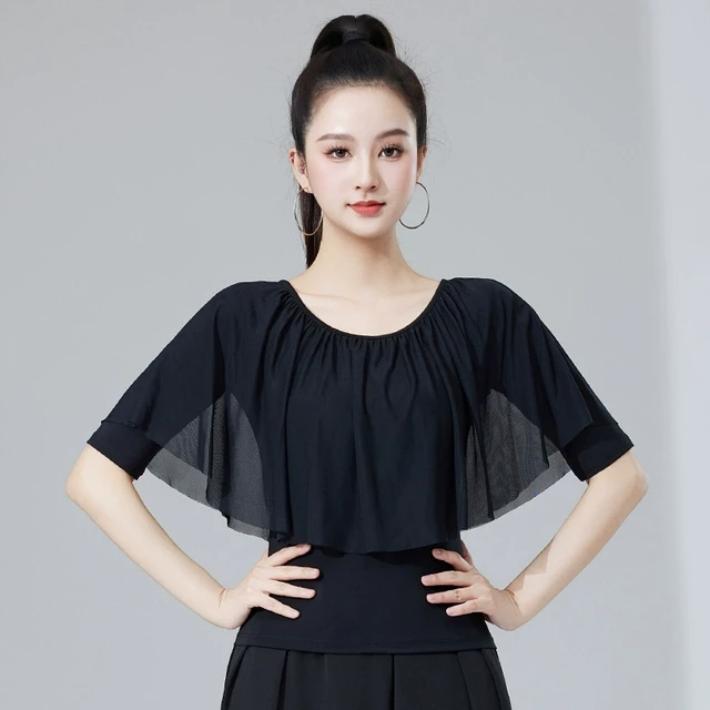 摩登舞蹈上衣夏季短袖女成人性感荷叶边圆领拉丁上衣交谊舞练功服