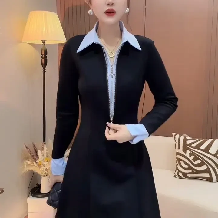 秋冬新款撞色翻领假两件收腰显瘦气质连衣裙