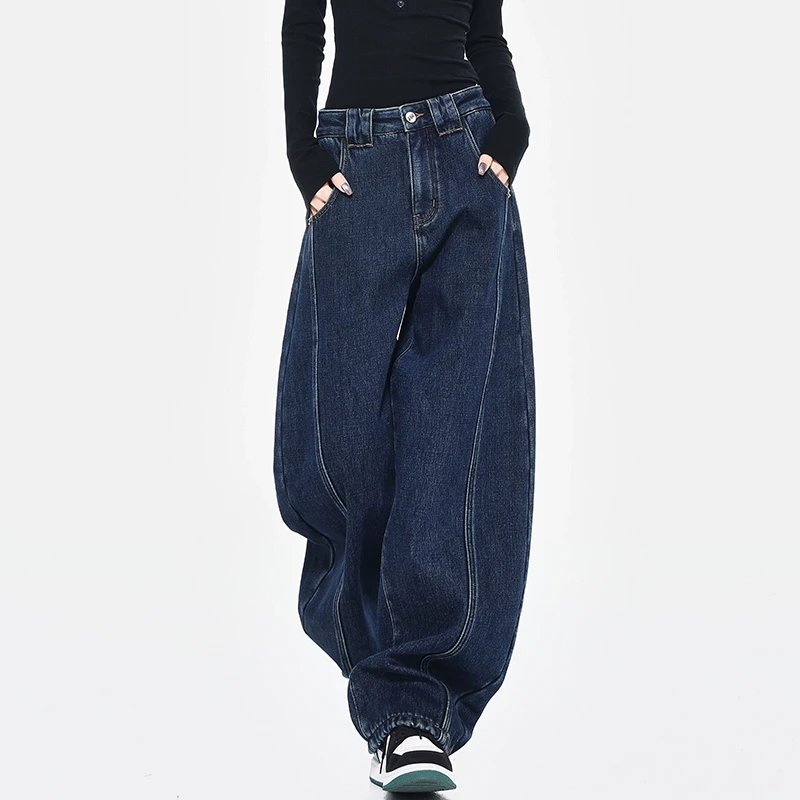 KEN STUDIO美式弯刀廓形解构阔腿牛仔裤女春秋复古水洗镰刀裤裤子