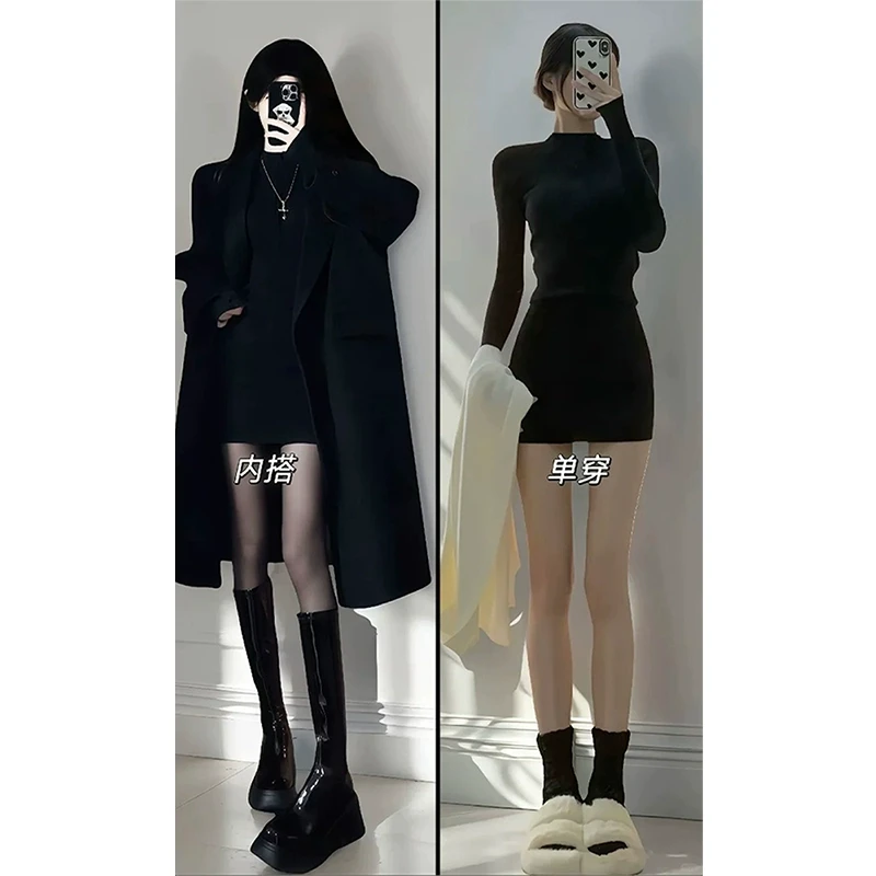 秋冬季大衣内搭打底连衣裙黑色包臀短裙紧身性感辣妹约会过年穿搭