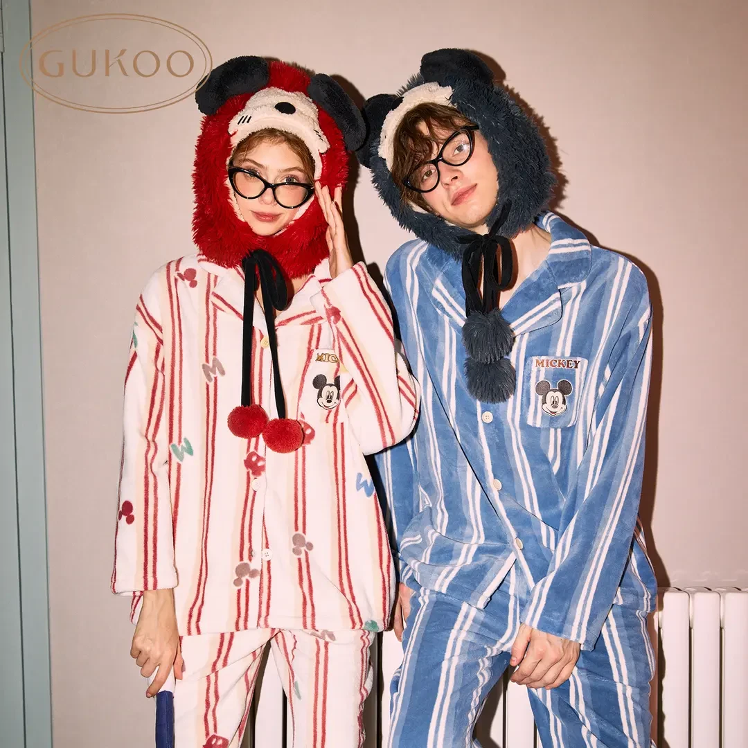 【Gukoo果壳】迪士尼冬季保暖休闲条纹亲肤牛奶绒情侣家居服套装