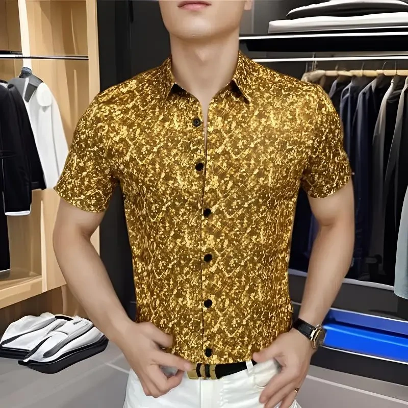 金菊花夏季弹力商务印花帅气韩版短袖翻领男士时尚休闲薄款潮流