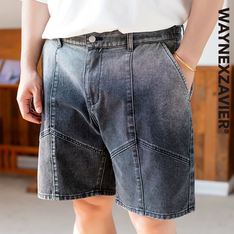 韦恩泽维尔宽松大码男夏半松紧腰渐变水分割五分牛仔短裤9200