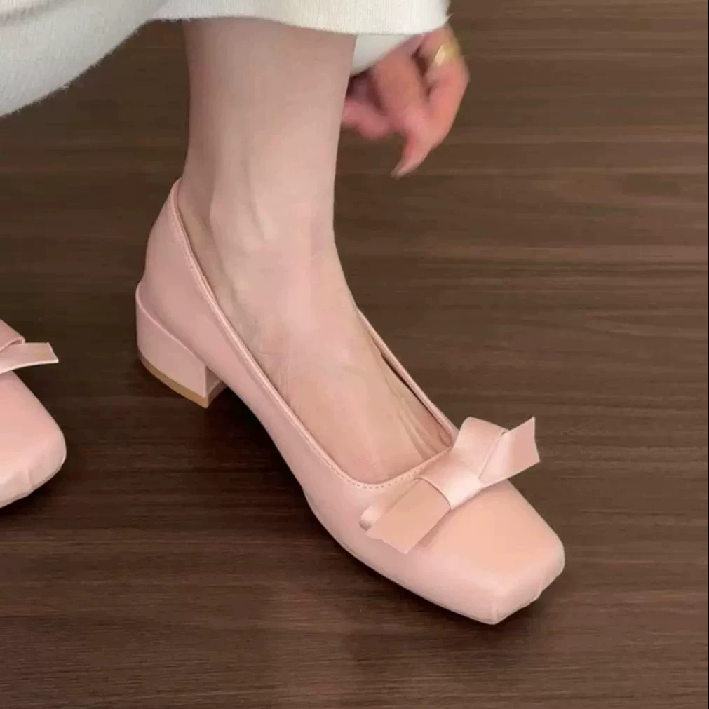 法式中跟温柔晚晚鞋单鞋女鞋子2025新款春季方头蝴蝶结粗跟通勤鞋