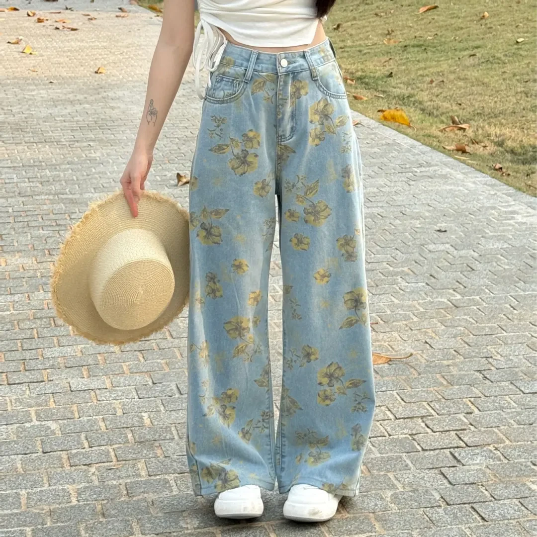夏季复古洋气扎染印花阔腿牛仔裤女2025新款高腰休闲直通拖地长裤