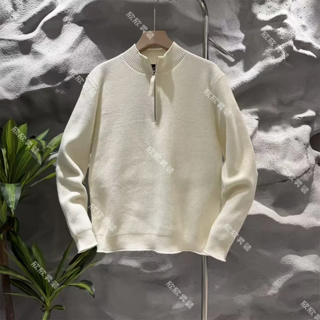 潮牌纯色拼接痞帅时尚男士针织上衣长袖休闲百搭半高领翻领秋冬