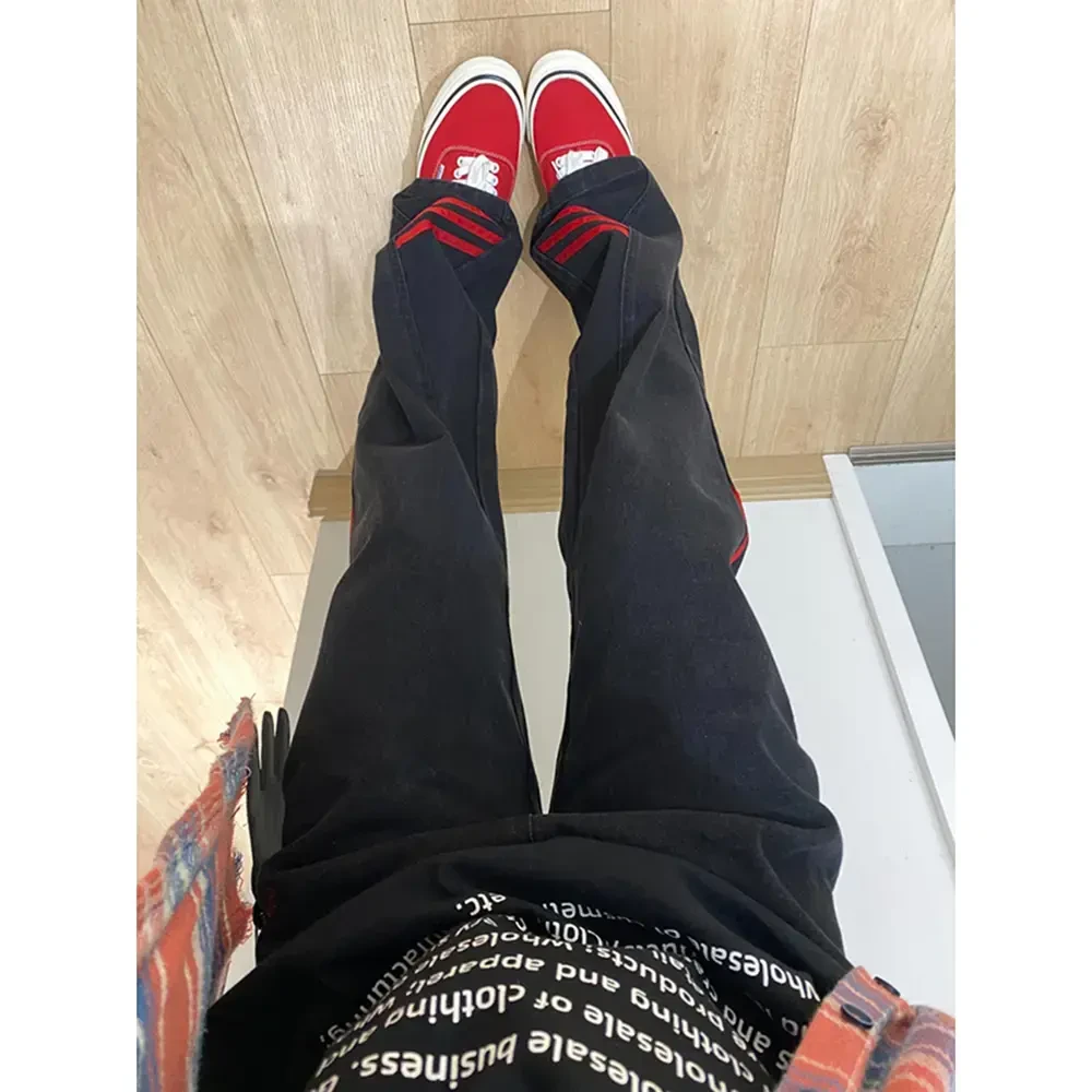 美式高街cleanfit微喇卫裤男款春季红色条纹运动弯刀裤直筒休闲裤