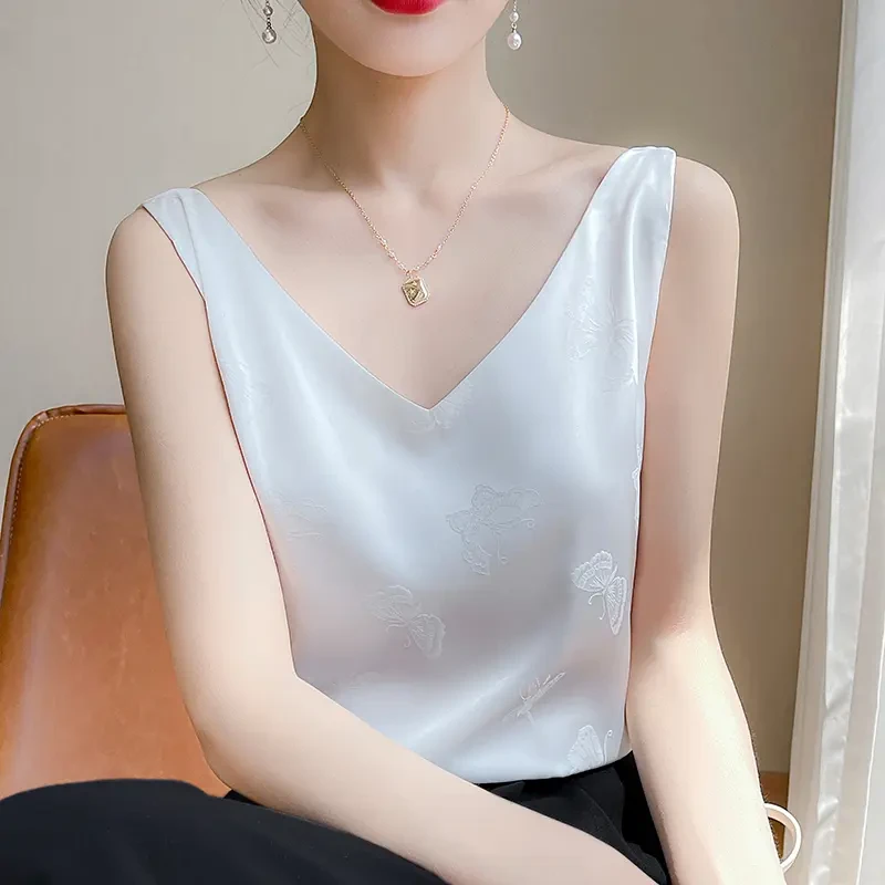 2025女士夏季缎面国风提花蝴蝶外穿百搭打底双肩带小众吊带背心