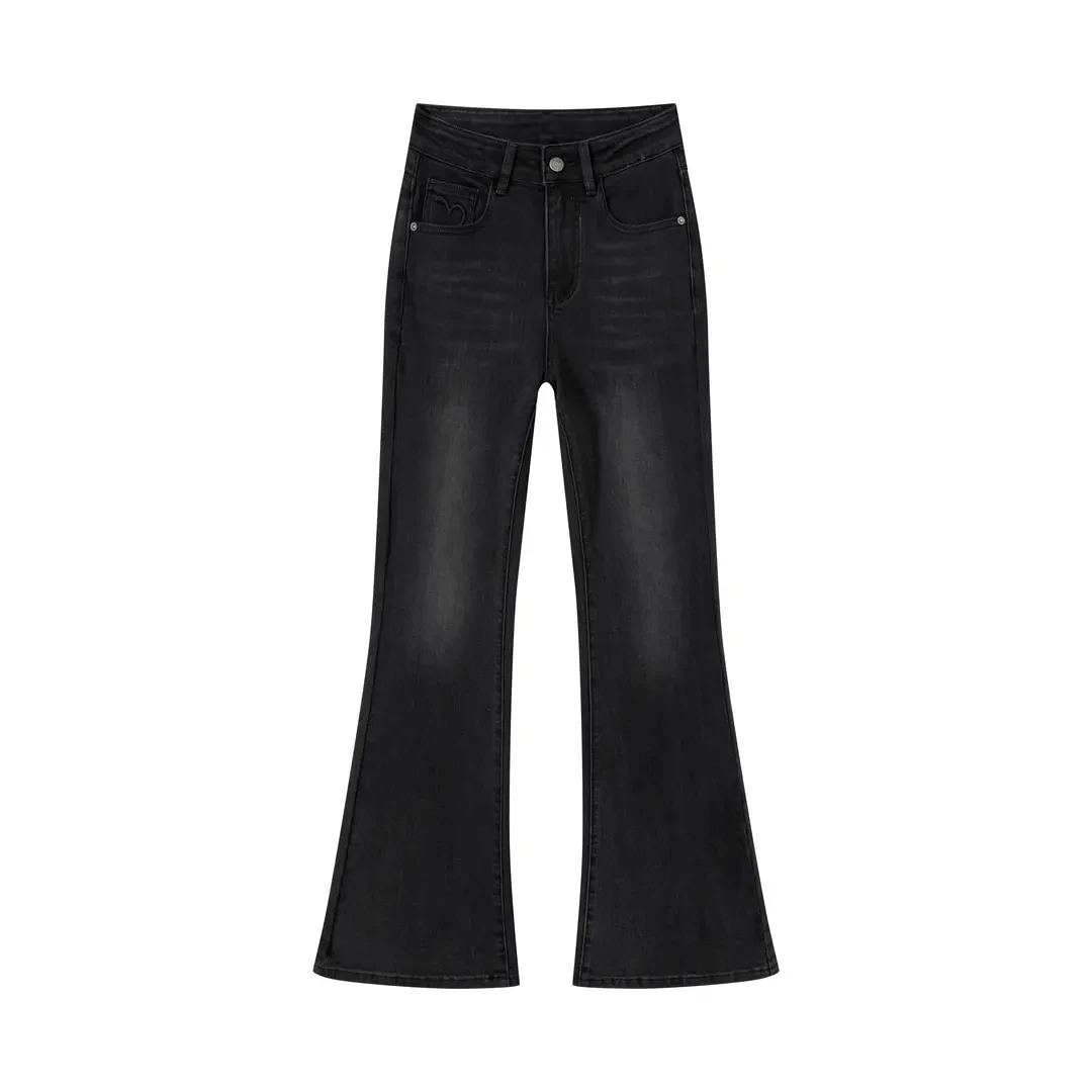 【SM】大码高级黑灰3D立体桃心春季新款高腰显瘦修身弹力微喇牛仔裤