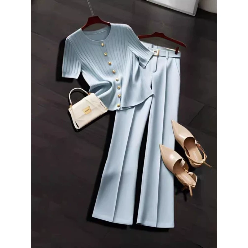 夏装搭配一整套轻熟高级感超好看蓝色短袖针织衫阔腿裤两件套装女