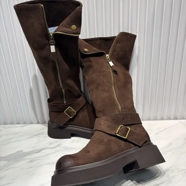 厚底复古皮带扣侧拉链增高保暖不过膝长筒靴女款秋冬新款爆款