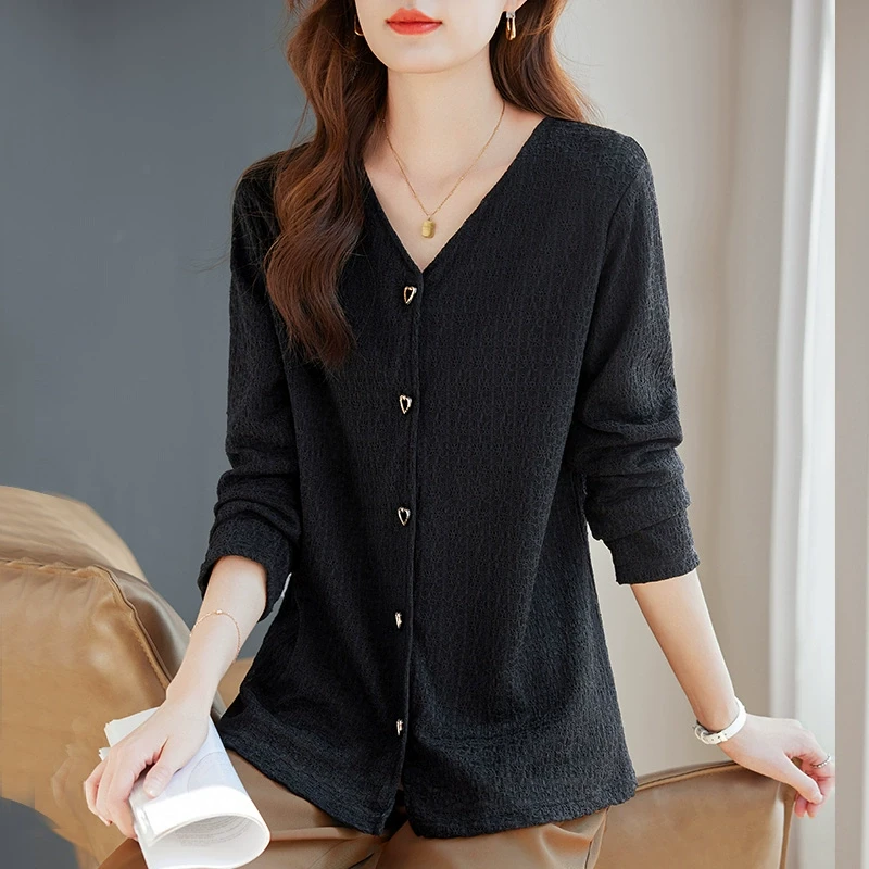 气质V领蕾丝打底衫2025年新款小衫中长款上衣胖mm遮肚子外穿宽松