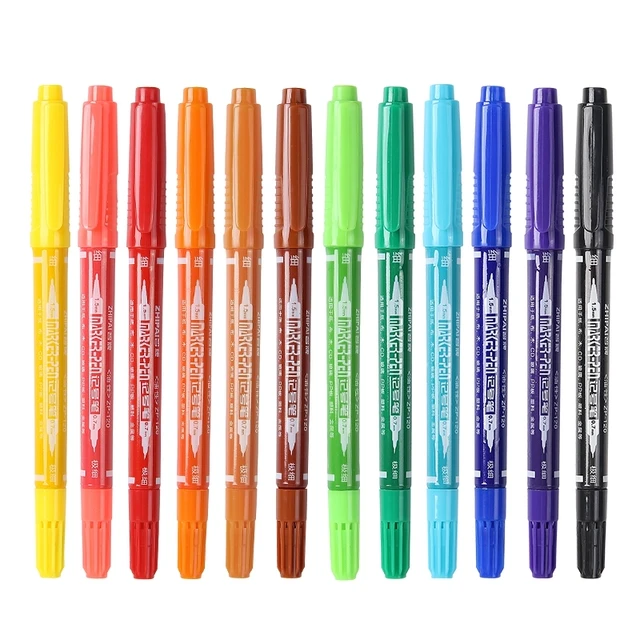 智牌记号笔油性小双头10支小头细头马克笔勾线笔儿童绘画学生黑色