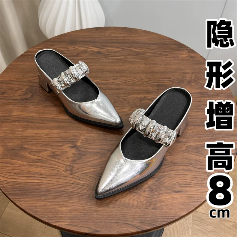 内增高法式浅口尖头玛丽珍鞋新款不累脚通勤单鞋女鞋子银色粗跟