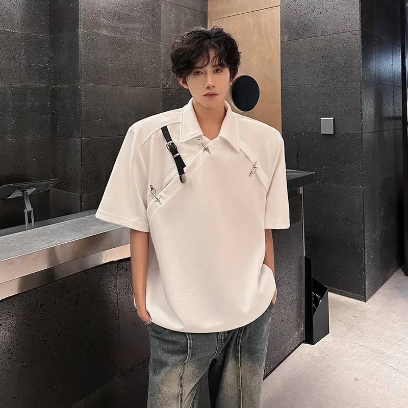 cleanfit白色金属扣垫肩短袖男款夏季重磅解构T恤美式正肩Polo衫