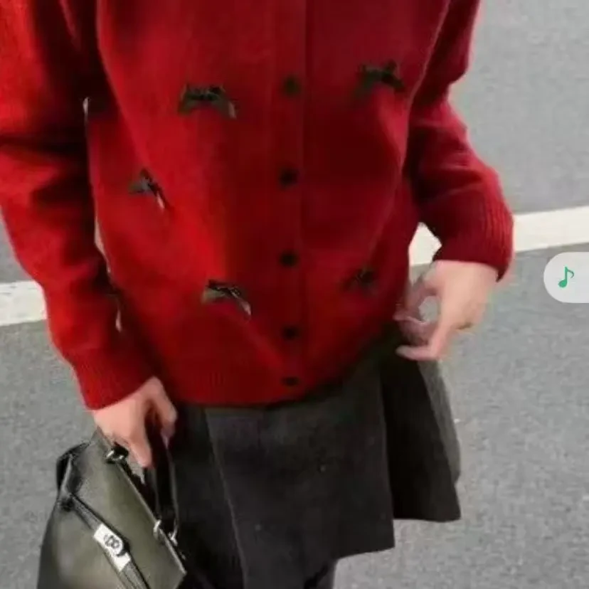 韩系复古秋冬蝴蝶结设计感显瘦针织开衫外套