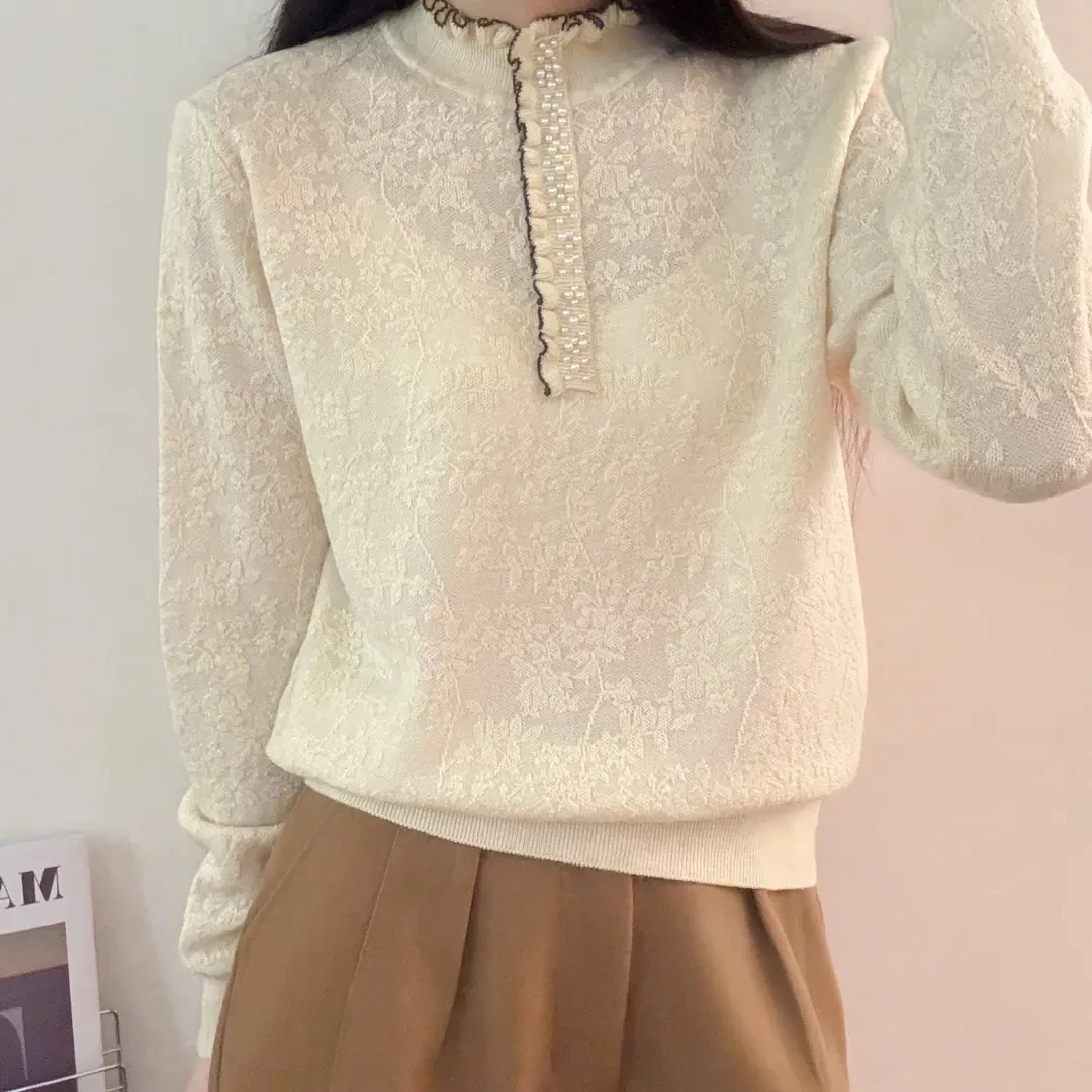 半高领短款针织宽松型提花衫时尚长袖毛衣打底衫