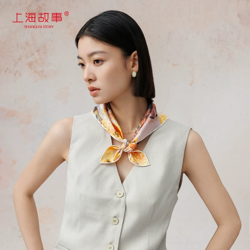上海故事2025春夏新款桑蚕丝小方巾女休闲百搭印花丝巾送女友礼盒