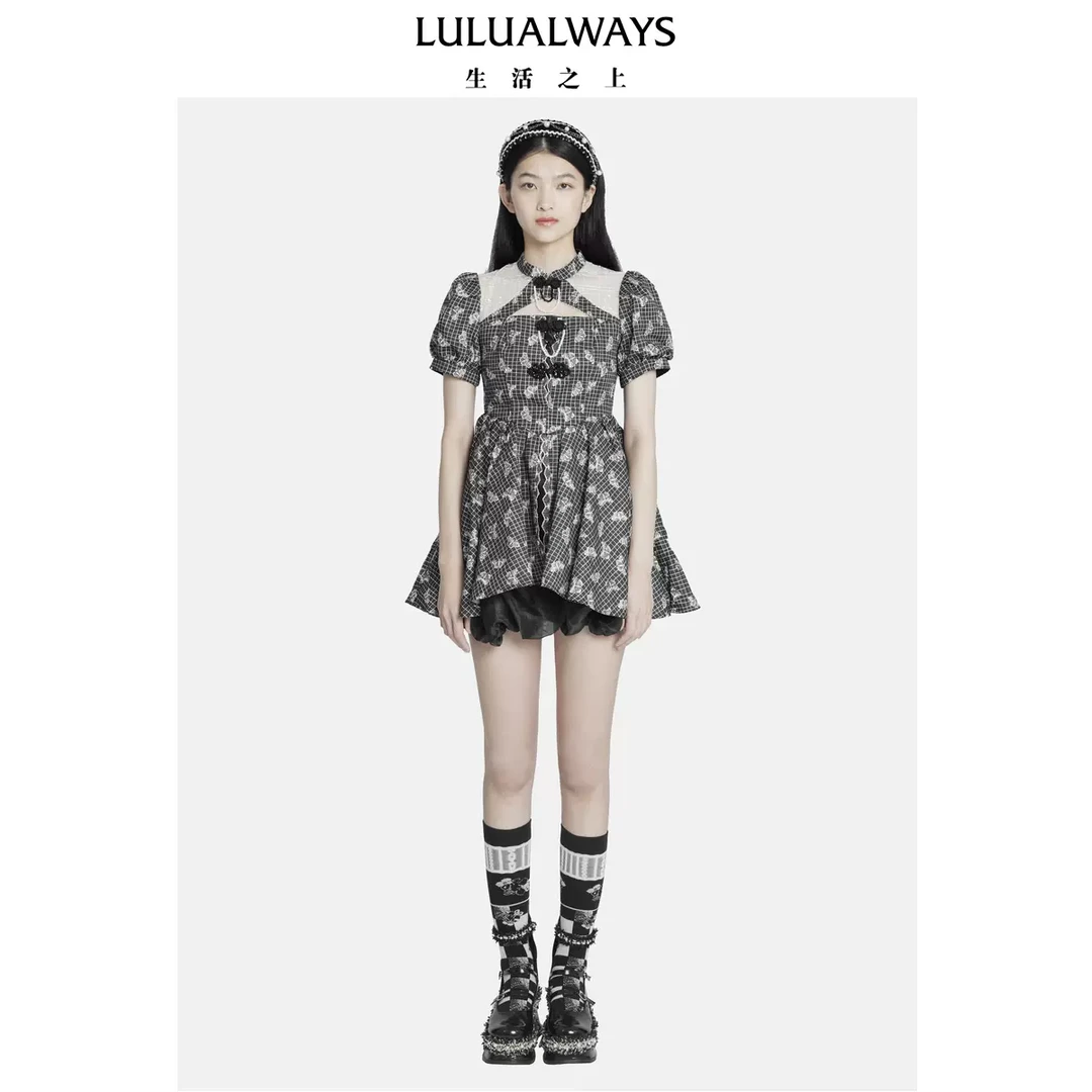 LULUALWAYS夏季新款中国风盘扣泡泡袖连衣裙LOB555K