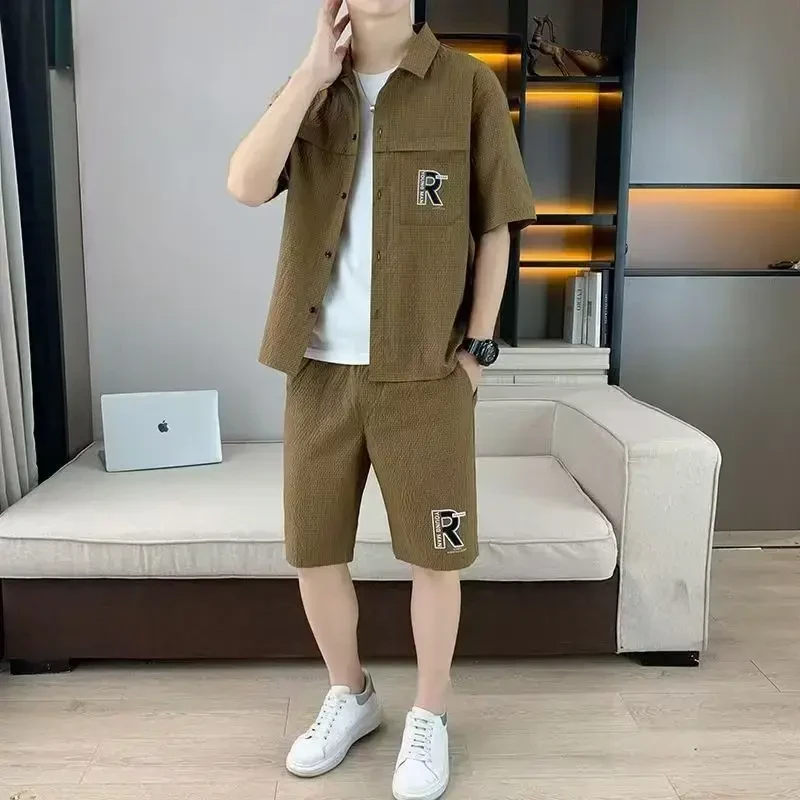 男士时尚衬衫短裤套装青年薄款夏季纯色休闲运动套装休闲复古百搭