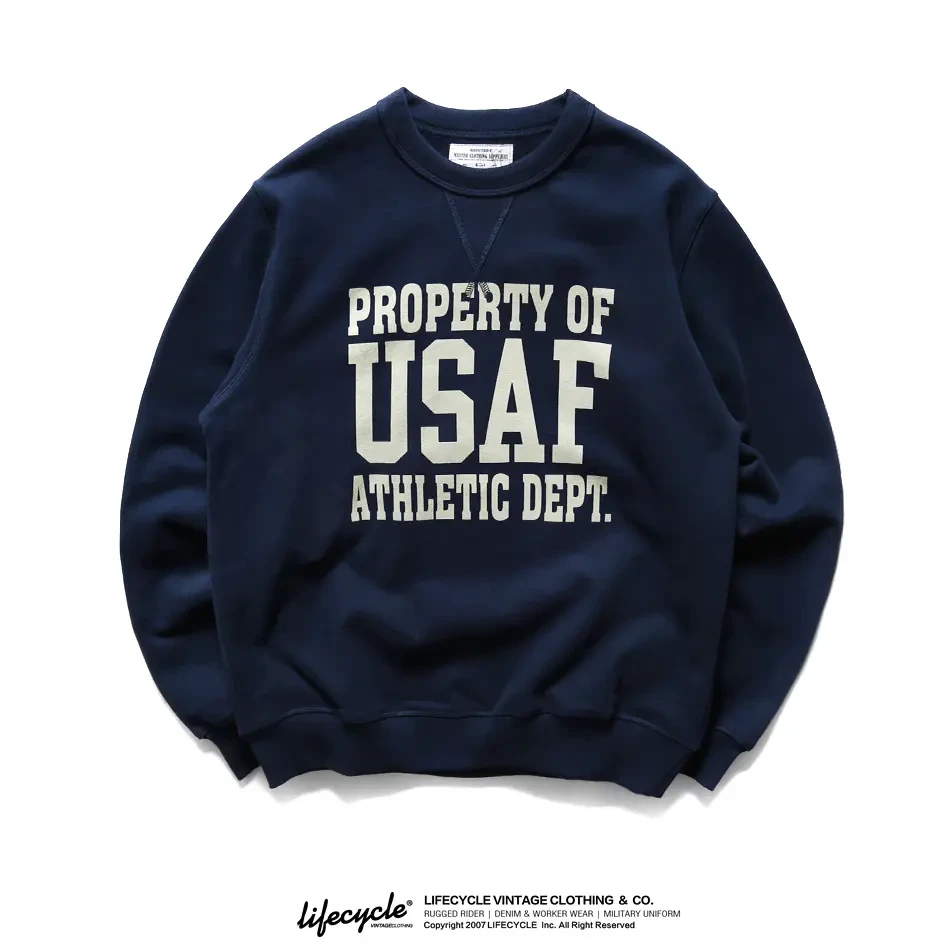 重磅490克USAF印花圆领套头毛圈加绒卫衣外套男