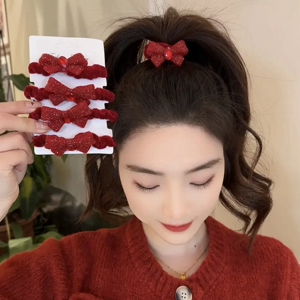 2025喜庆丝绒蝴蝶结皮筋高颜值秋冬头绳女发绳不伤发红色发圈发饰
