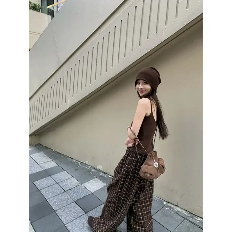 美拉德棕色系修身辣妹内搭吊带背心上衣女高腰宽松直筒格纹阔腿裤