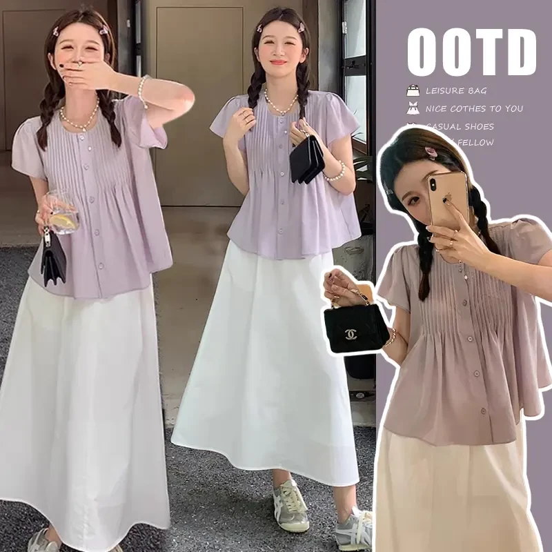 孕妇装夏装半身裙套装2025年新款短袖衬衫上衣搭配半身裙减龄穿搭