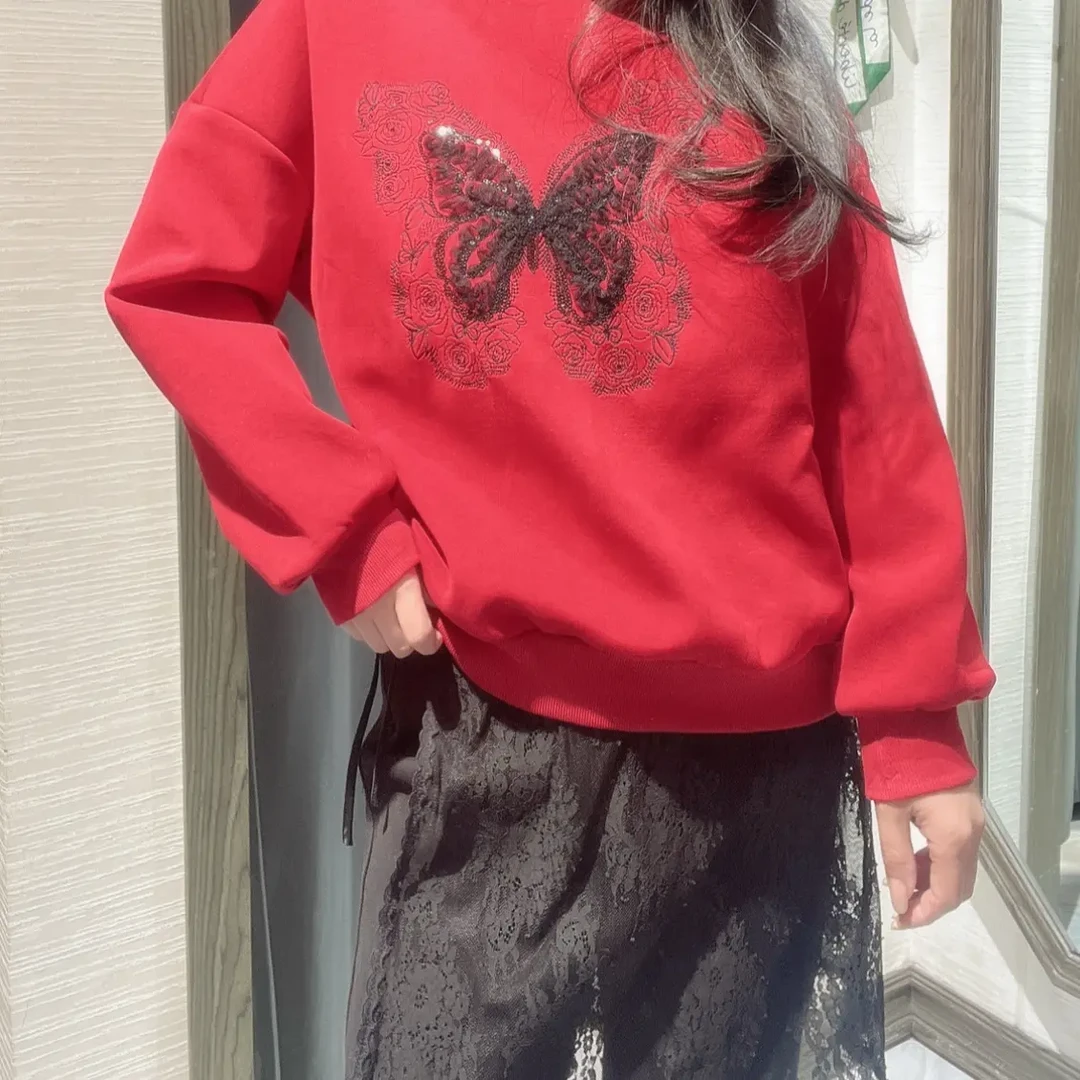 芭依璐25年冬新款大码宽松圆领加绒加厚假两件卫衣女上