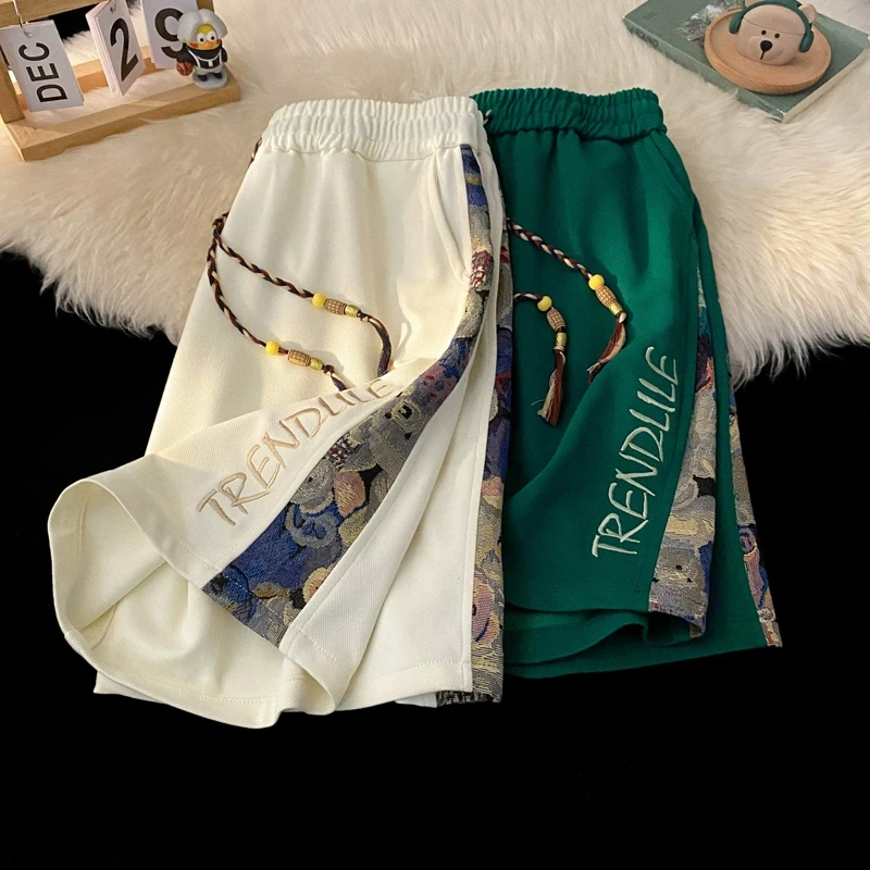 新中式国风小熊短裤男夏季300g重磅情侣沙滩裤冰丝速干五六分裤子