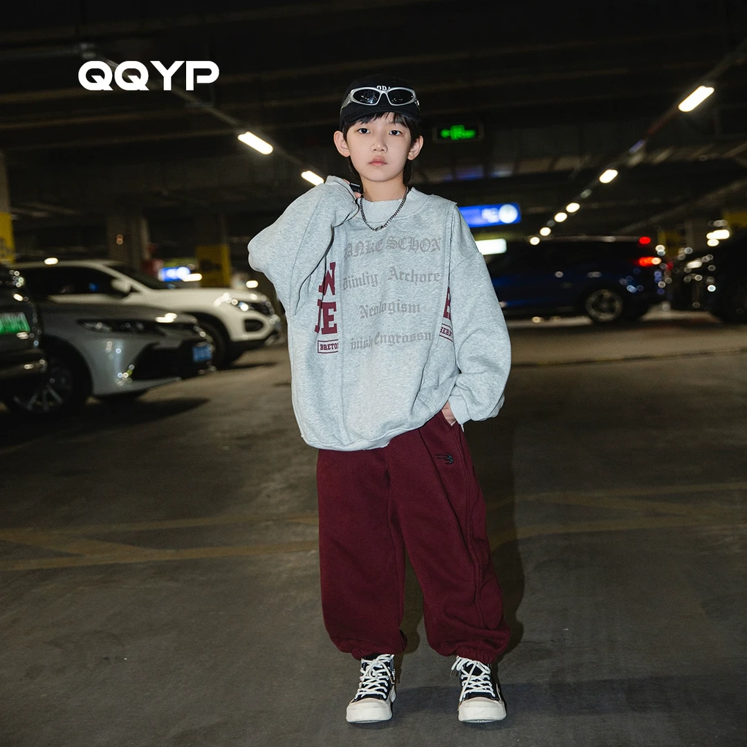 男童薄绒卫衣冬装新款中大童韩版拼接字母套头衫儿童加厚上衣