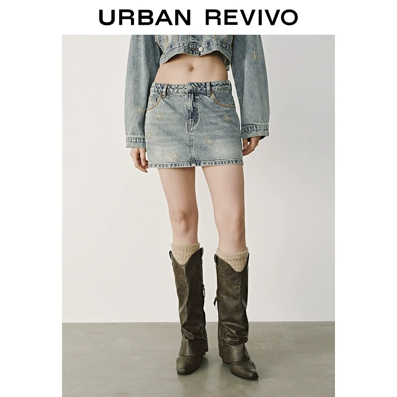 UR2025秋季新款女装复古撞色缝线钉珠装饰牛仔半裙UYL850040