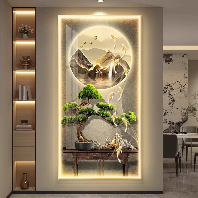 壁灯玄关装饰画LED发光迎客松灯画高端客厅挂画新款过道壁画