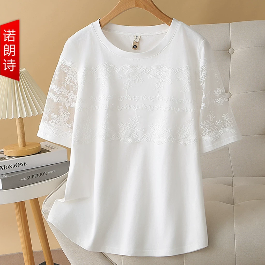 2025夏季新款蕾丝拼接短袖正肩显瘦上衣胖mm别致通勤休闲凉感T恤