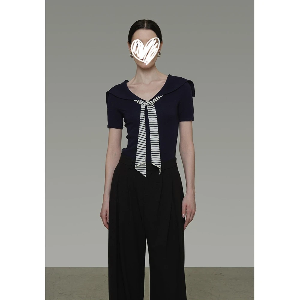 复古海军领条纹领带撞色针织短袖T恤女2025夏季新款学院显瘦上衣