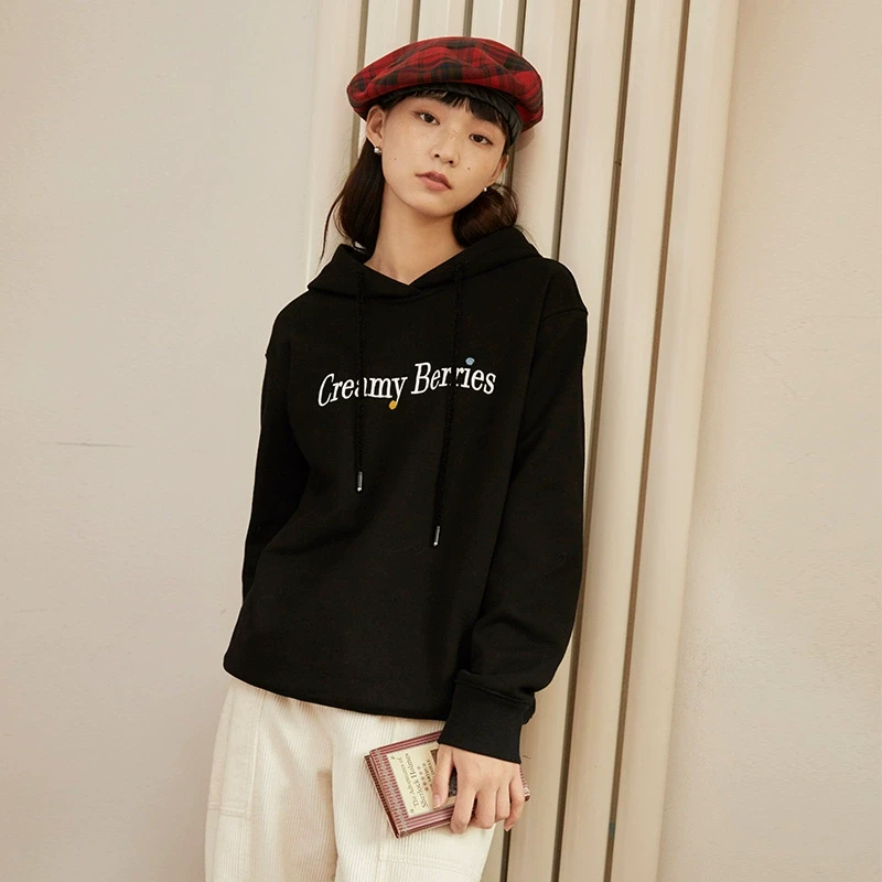 omont蛋挞家 复古字母刺绣连帽卫衣女秋冬季宽松百搭慵懒风上衣