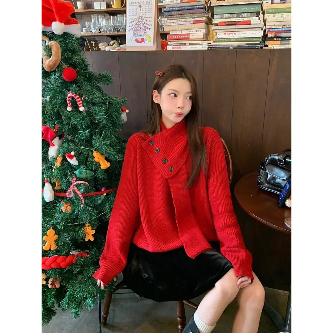 【新年氛围】节日穿搭套头针织衫女冬季可拆卸围巾软糯遮肉显瘦毛衣