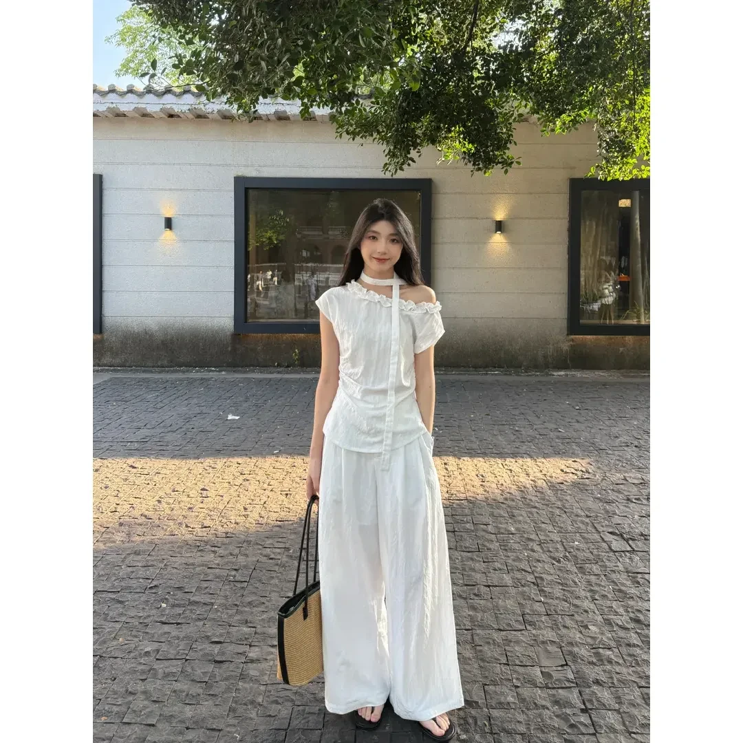 韩系纯欲斜肩木耳边设计感短袖T恤女夏季新款绑带拼接上衣套装